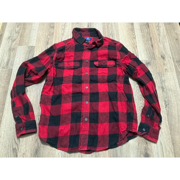 George Other - George Shirt, Men's Size Medium Red Black Plaid Long Sleeve Button Up
